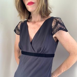 LOFT Silk Sheath Dress Black Lace Ruffle Size 4